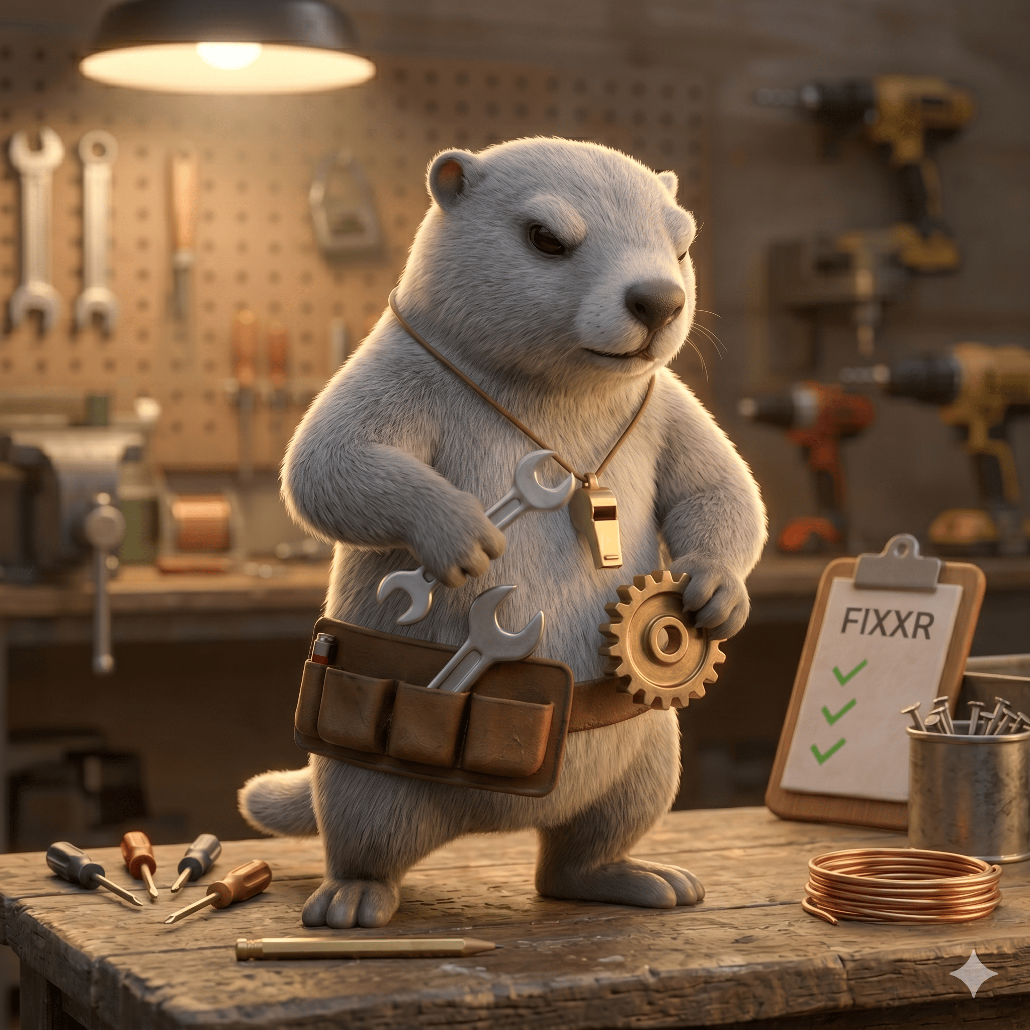 Maxx the Craftsman, at the workbench with brass cog and gear