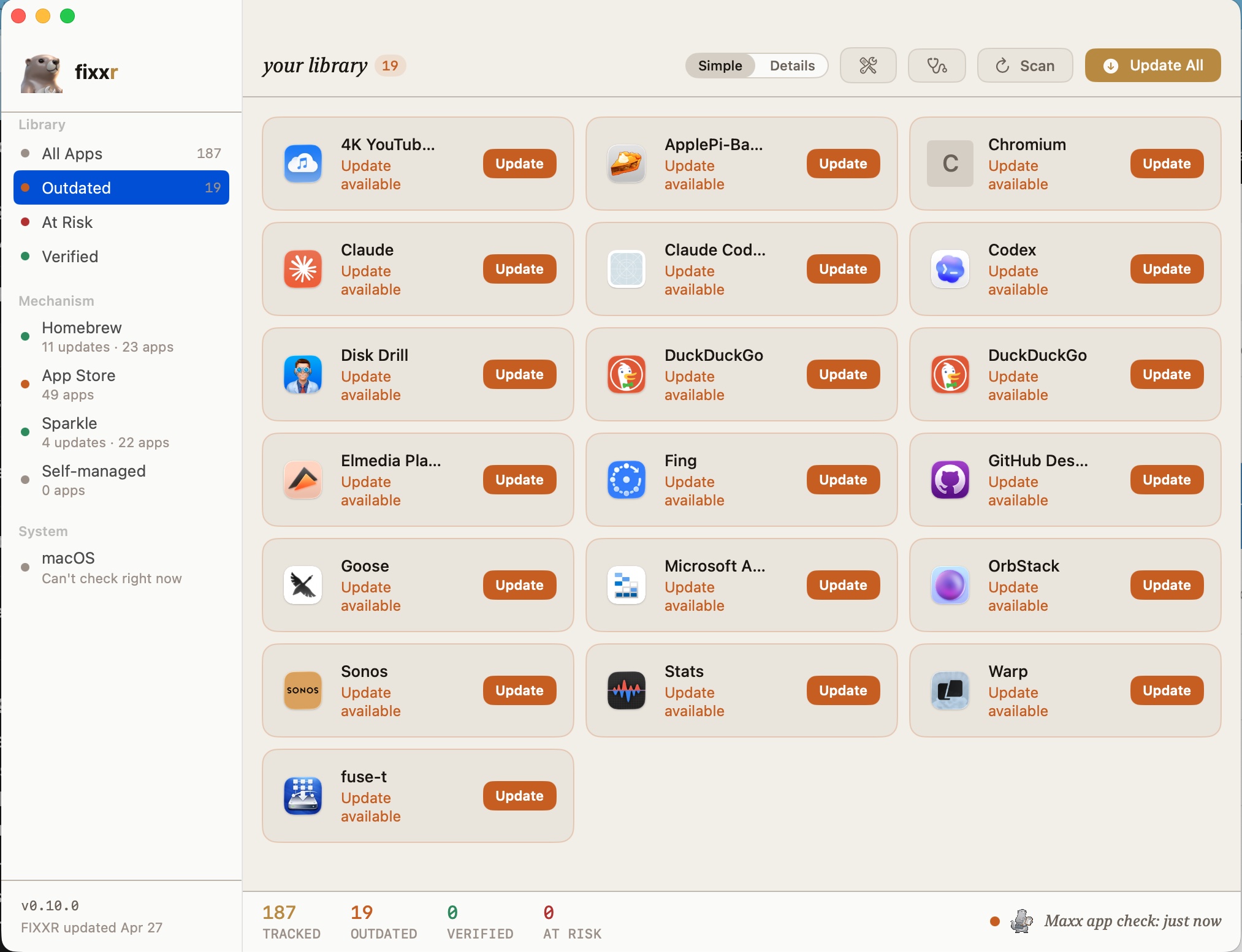 FIXXR Workshop in Simple mode — Outdated filter showing 19 app cards with big Update buttons